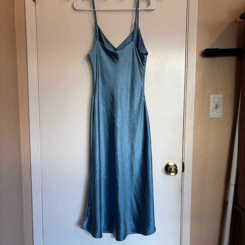 Blue Satin Midi Dress Slip Dress Sleeveless Elegant Wedding Guest Evening - Picture 4 of 6